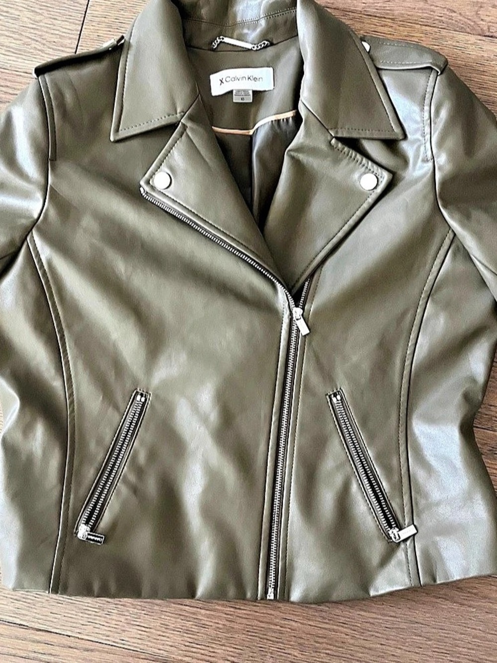 Calvin Klein Faux Leather Moto Jacket Green Size 10